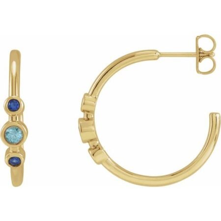 14k Yellow Natural Blue Zircon & Natural Blue Sapphire Bezel-set Hoop Earrings