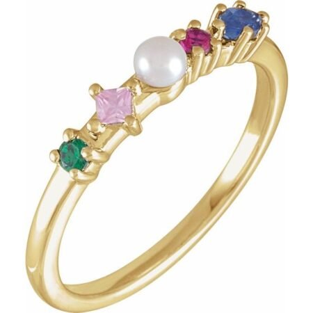 14k Yellow Cultured White Freshwater Pearl & Natural Multi-gemstone Ring