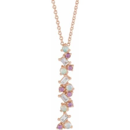 14k Rose Natural Ethiopian Opals, Natural Pink Sapphires & 1/8 Ctw Natural Diamond Scattered Bar 16-18' Necklace