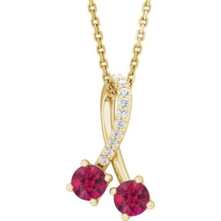 14k Yellow Lab-grown Ruby & .05 Ctw Natural Diamond 16-18' Necklace