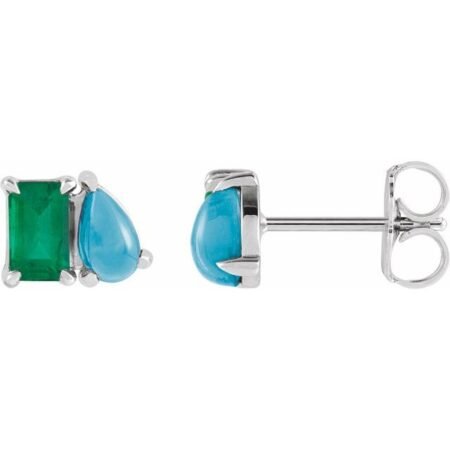 Platinum Lab-grown Emerald & Natural Turquoise Two-stone Stud Earrings