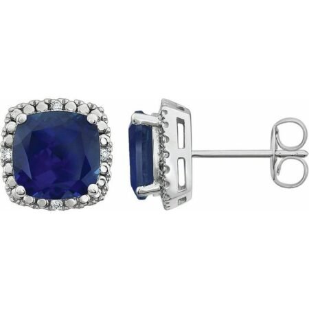 14k White Lab-grown Blue Sapphire & .06 Ctw Natural Diamond Earrings