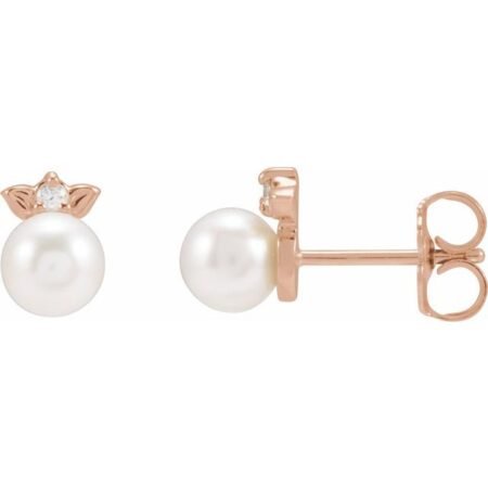 14k Rose Cultured Akoya Pearl & .03 Ctw Natural Diamond  Floral Earrings