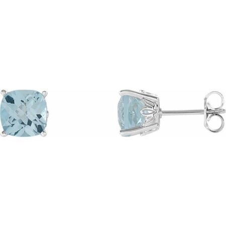 14k White 6x6 Mm Cushion Natural Sky Blue Topaz Earrings
