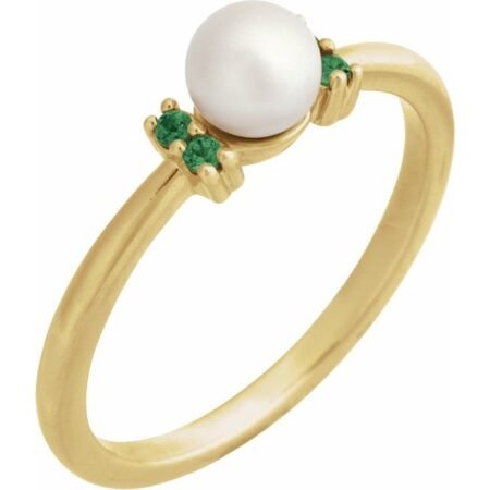 14k Yellow Cultured White Freshwater Pearl & Natural Tsavorite Garnet Ring