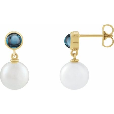 14k Yellow Cultured White Freshwater Pearl & Natural London Blue Topaz Cabochon Earrings