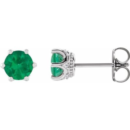14k White 5 Mm Natural Emerald & .03 Ctw Natural Diamond Crown Earrings