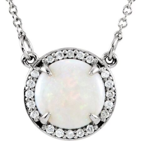 14k White Natural White Opal & .05 Ctw Natural Diamond 16' Necklace